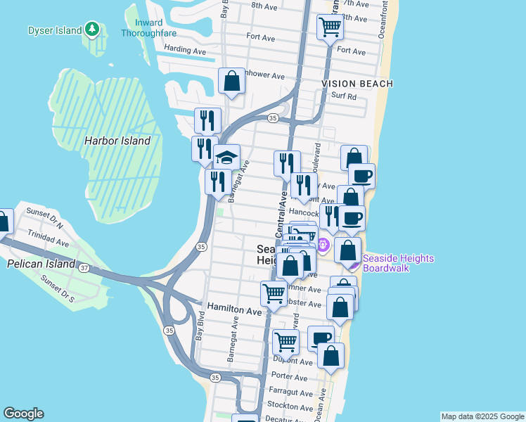 map of restaurants, bars, coffee shops, grocery stores, and more near 229 Hancock Avenue in Seaside Heights