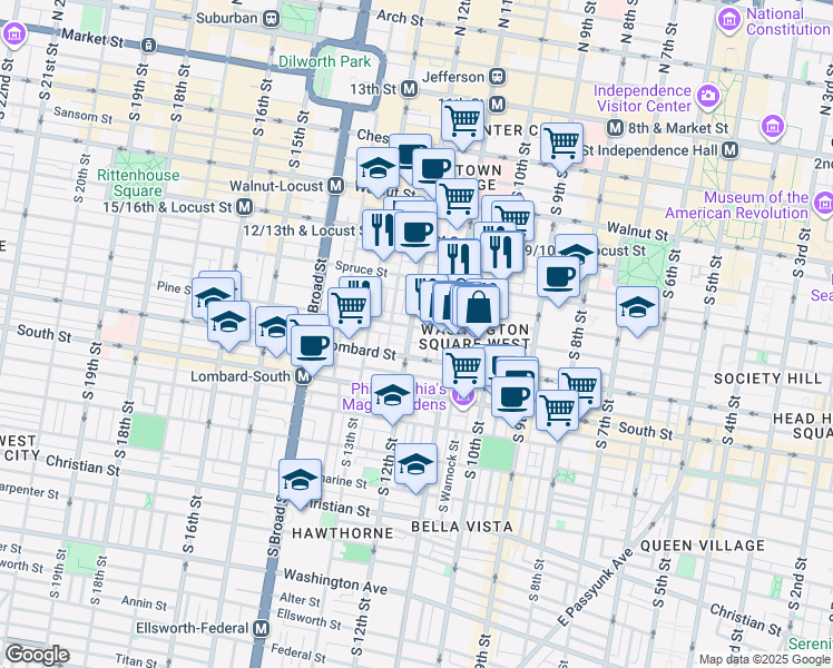 map of restaurants, bars, coffee shops, grocery stores, and more near in Philadelphia