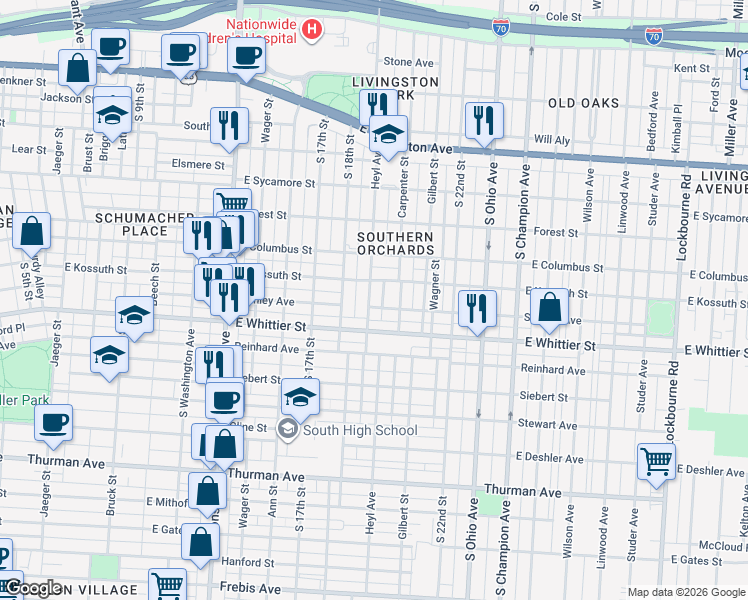 map of restaurants, bars, coffee shops, grocery stores, and more near 605 Stanley Avenue in Columbus