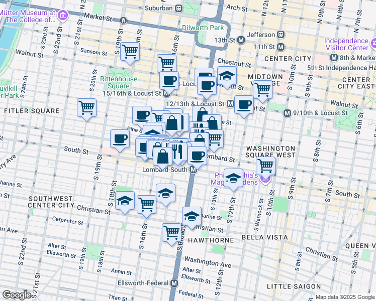 map of restaurants, bars, coffee shops, grocery stores, and more near 1415 Lombard Street in Philadelphia
