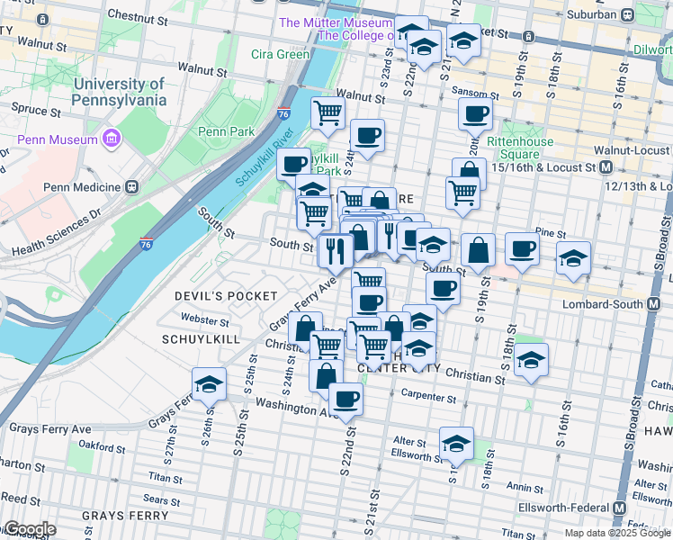 map of restaurants, bars, coffee shops, grocery stores, and more near 621-23 South 24th Street in Philadelphia