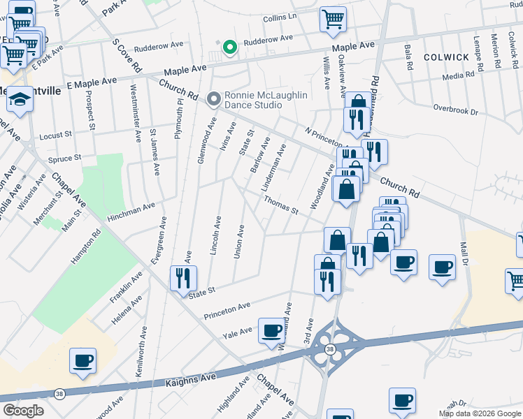 map of restaurants, bars, coffee shops, grocery stores, and more near 307 Linderman Avenue in Cherry Hill