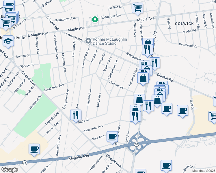 map of restaurants, bars, coffee shops, grocery stores, and more near 307 Linderman Ave in Cherry Hill
