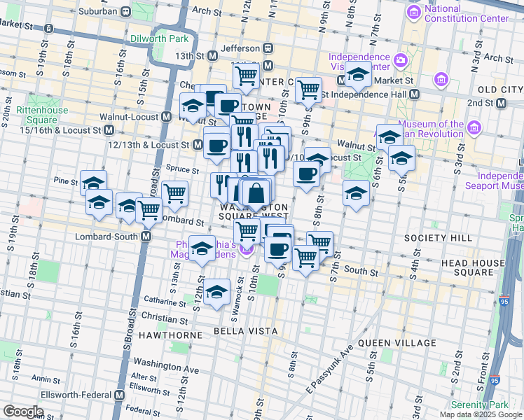 map of restaurants, bars, coffee shops, grocery stores, and more near in Philadelphia