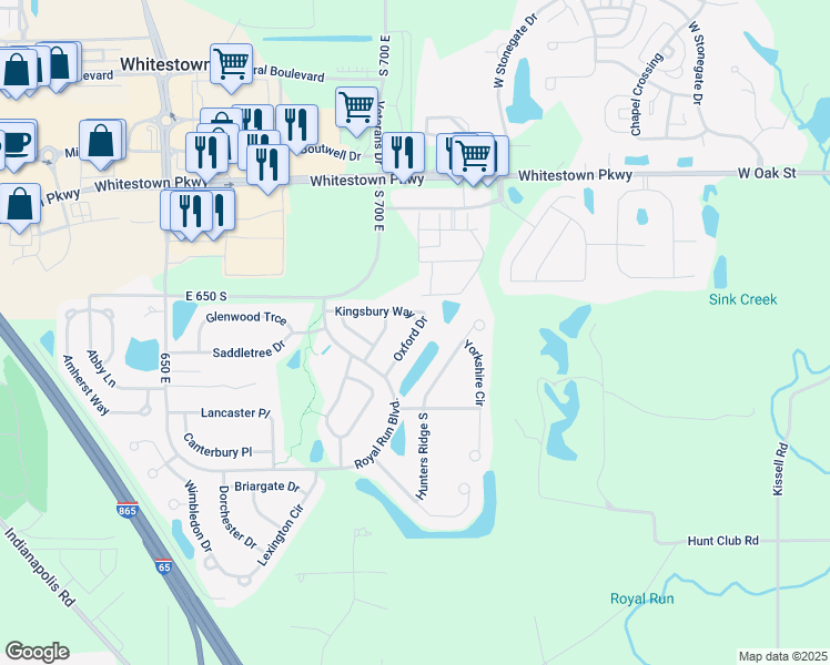 map of restaurants, bars, coffee shops, grocery stores, and more near 6514 Oxford Drive in Zionsville
