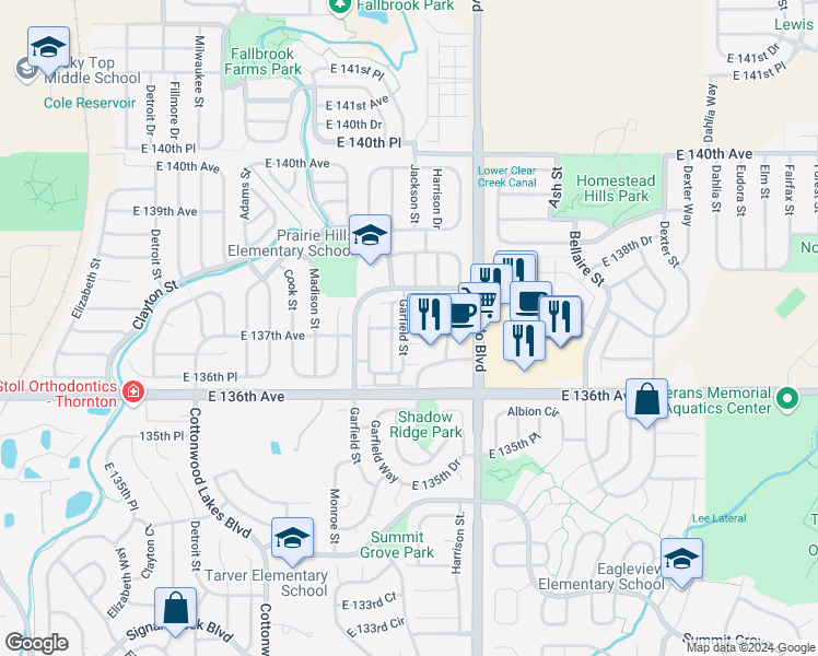 map of restaurants, bars, coffee shops, grocery stores, and more near 13648 Garfield Street in Thornton