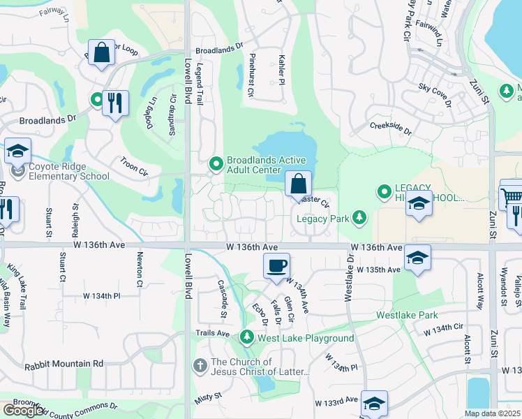 map of restaurants, bars, coffee shops, grocery stores, and more near 13704 Stone Circle in Broomfield