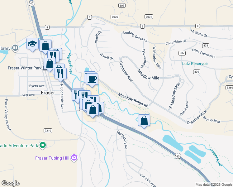 map of restaurants, bars, coffee shops, grocery stores, and more near Fraser River Trail in Winter Park