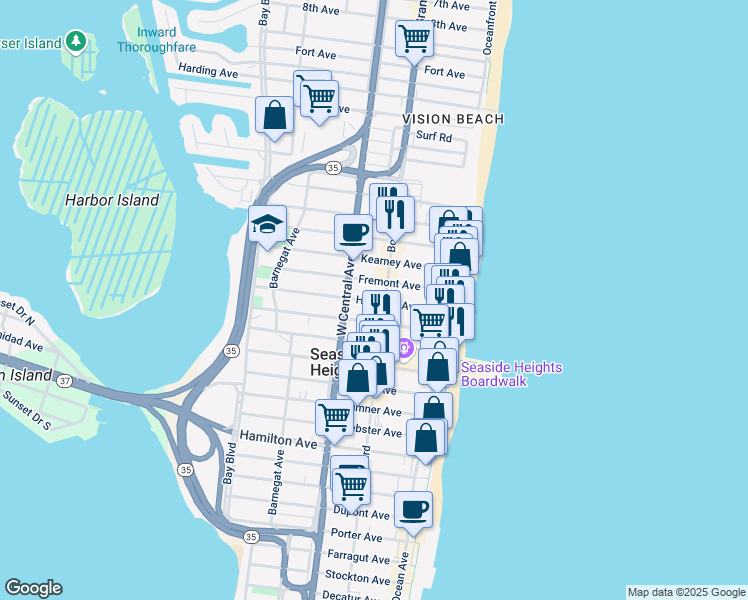 map of restaurants, bars, coffee shops, grocery stores, and more near in Seaside Heights