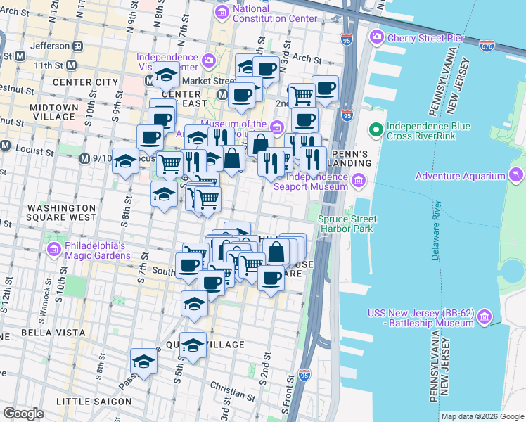 map of restaurants, bars, coffee shops, grocery stores, and more near 304 Spruce Street in Philadelphia