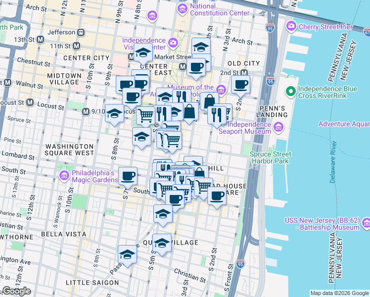 map of restaurants, bars, coffee shops, grocery stores, and more near in Philadelphia