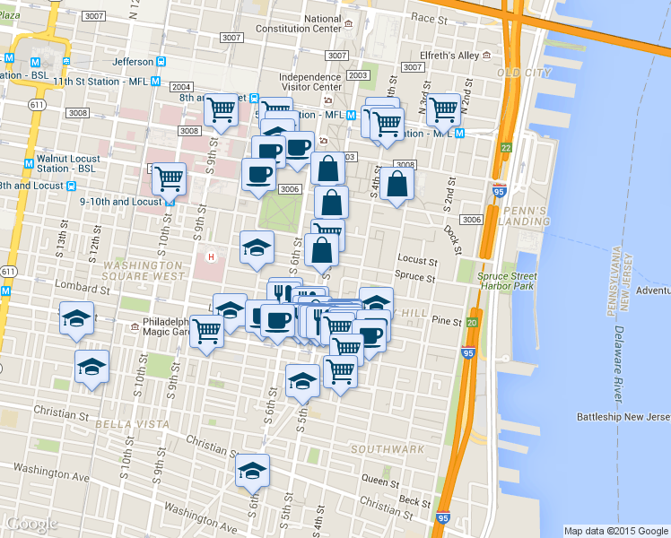 map of restaurants, bars, coffee shops, grocery stores, and more near in Philadelphia