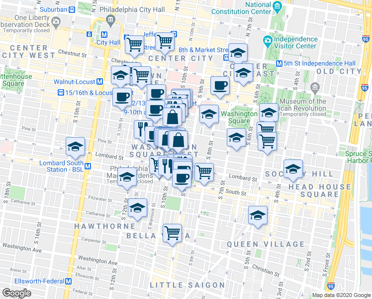 map of restaurants, bars, coffee shops, grocery stores, and more near in Philadelphia