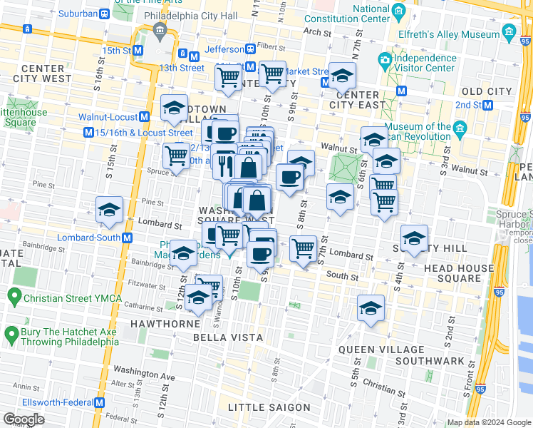 map of restaurants, bars, coffee shops, grocery stores, and more near in Philadelphia