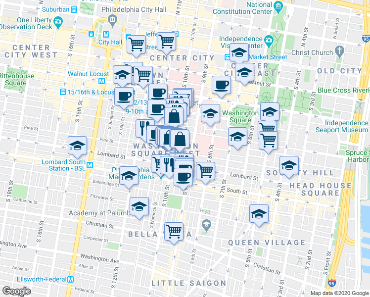 map of restaurants, bars, coffee shops, grocery stores, and more near in Philadelphia