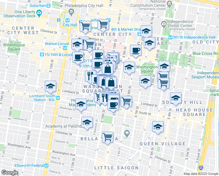 map of restaurants, bars, coffee shops, grocery stores, and more near in Philadelphia