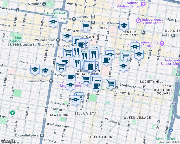 map of restaurants, bars, coffee shops, grocery stores, and more near in Philadelphia