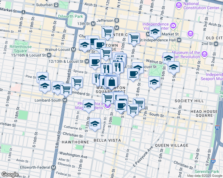 map of restaurants, bars, coffee shops, grocery stores, and more near in Philadelphia