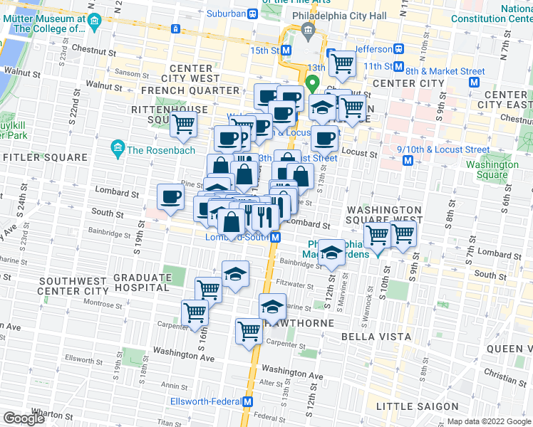 map of restaurants, bars, coffee shops, grocery stores, and more near 1431 Lombard Street in Philadelphia