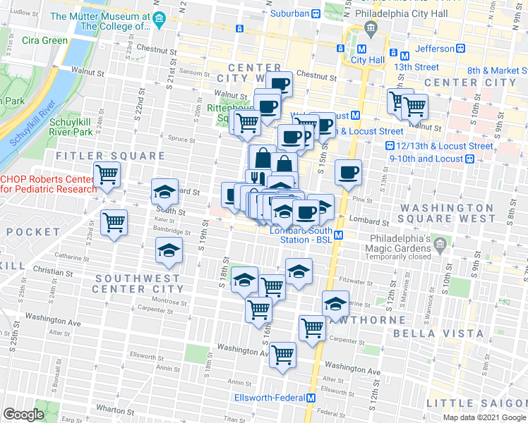 map of restaurants, bars, coffee shops, grocery stores, and more near 1632 Lombard Street in Philadelphia