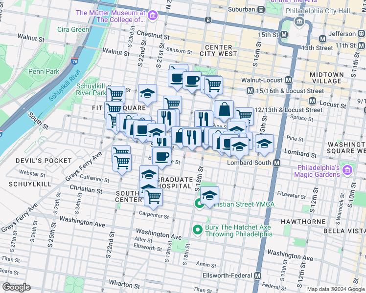 map of restaurants, bars, coffee shops, grocery stores, and more near in Philadelphia