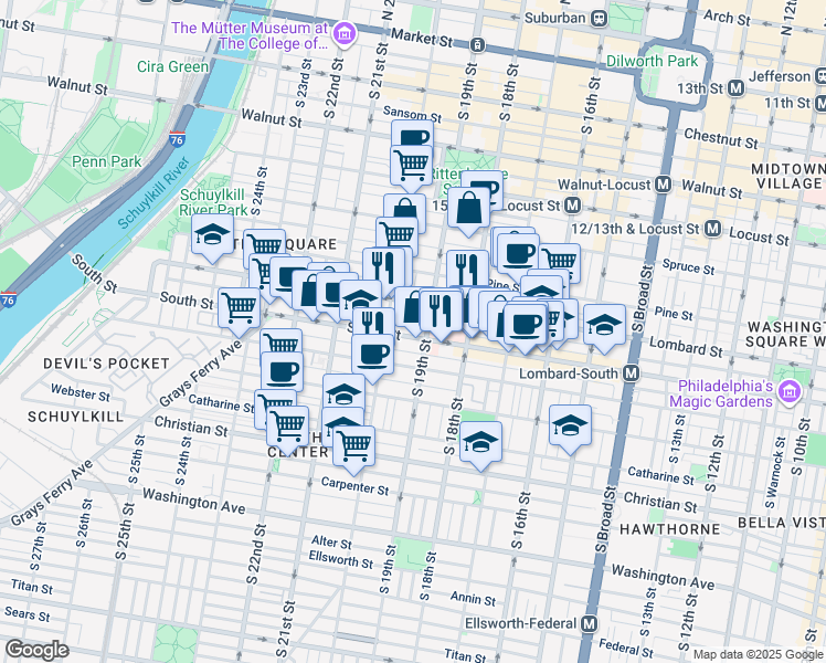 map of restaurants, bars, coffee shops, grocery stores, and more near in Philadelphia
