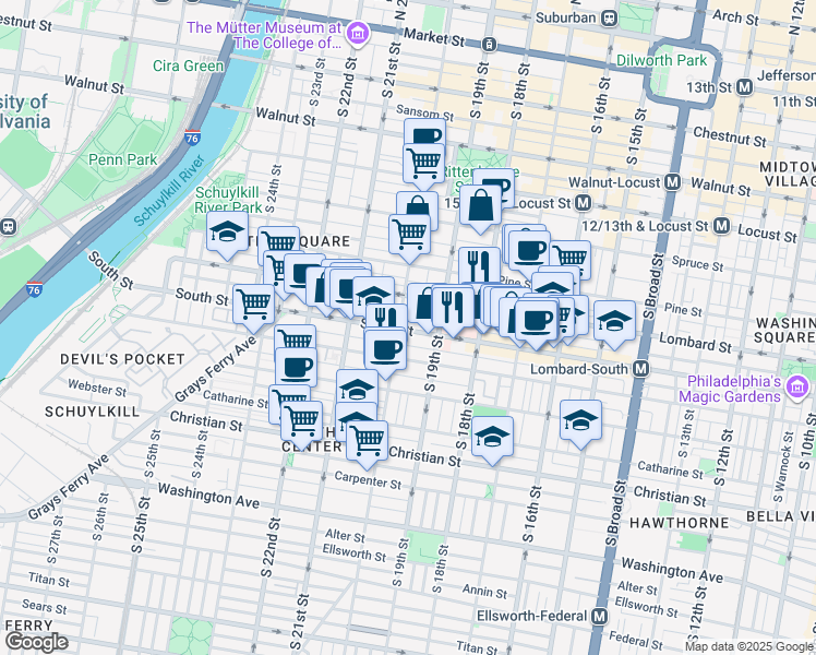 map of restaurants, bars, coffee shops, grocery stores, and more near in Philadelphia