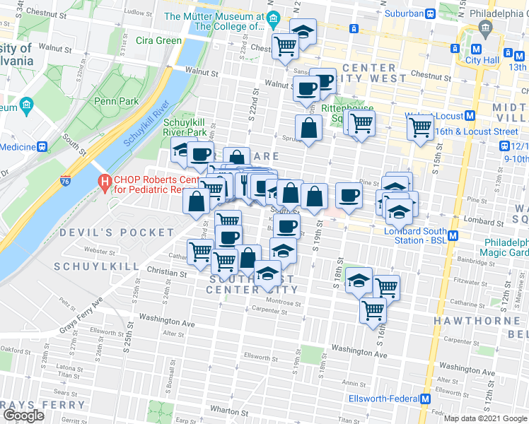map of restaurants, bars, coffee shops, grocery stores, and more near 2112 South Street in Philadelphia