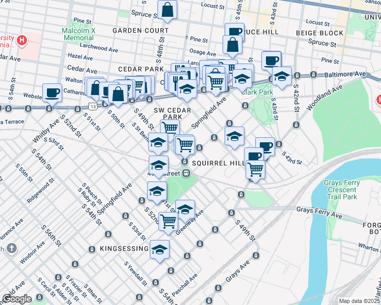 map of restaurants, bars, coffee shops, grocery stores, and more near 4823 Chester Avenue in Philadelphia