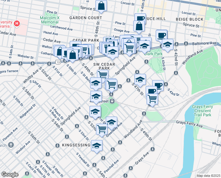 map of restaurants, bars, coffee shops, grocery stores, and more near 4823 Chester Avenue in Philadelphia