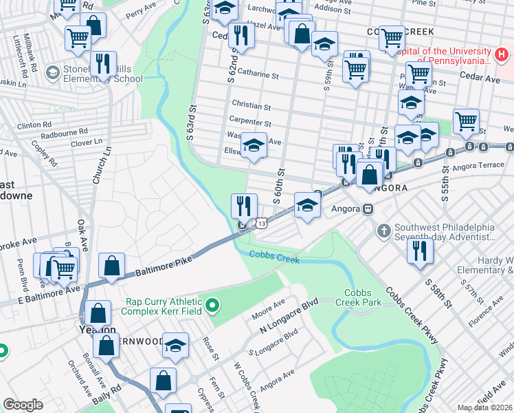 map of restaurants, bars, coffee shops, grocery stores, and more near 1201 South 61st Street in Philadelphia