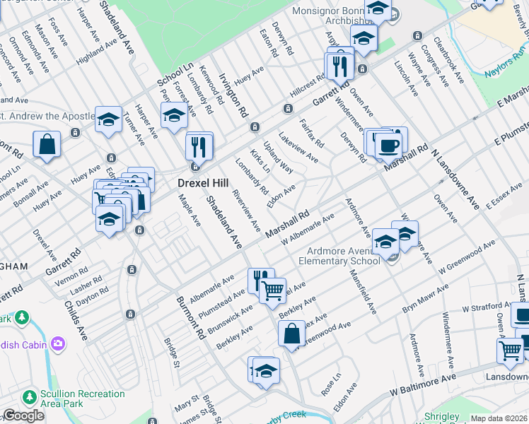 map of restaurants, bars, coffee shops, grocery stores, and more near 309 Eldon Avenue in Drexel Hill