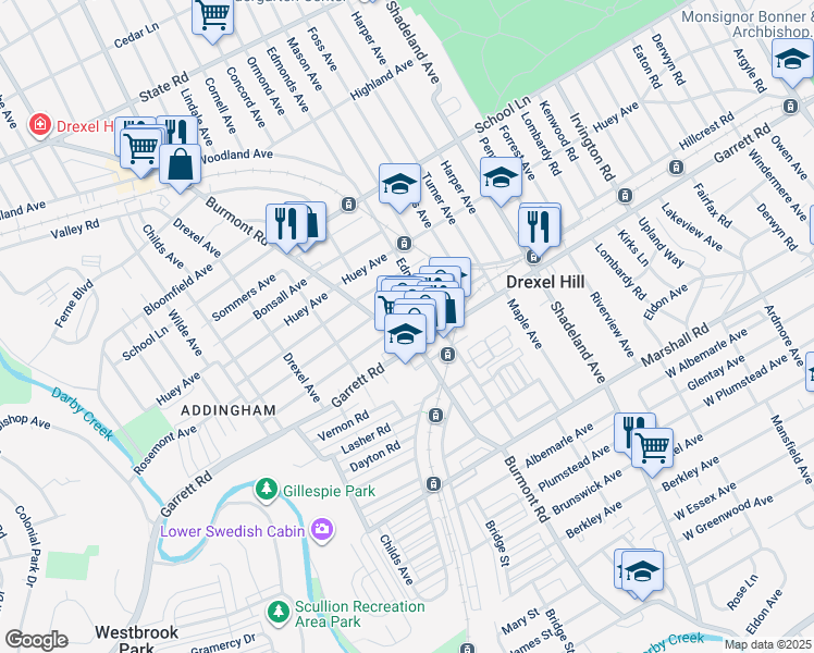 map of restaurants, bars, coffee shops, grocery stores, and more near 3708 Berry Avenue in Drexel Hill