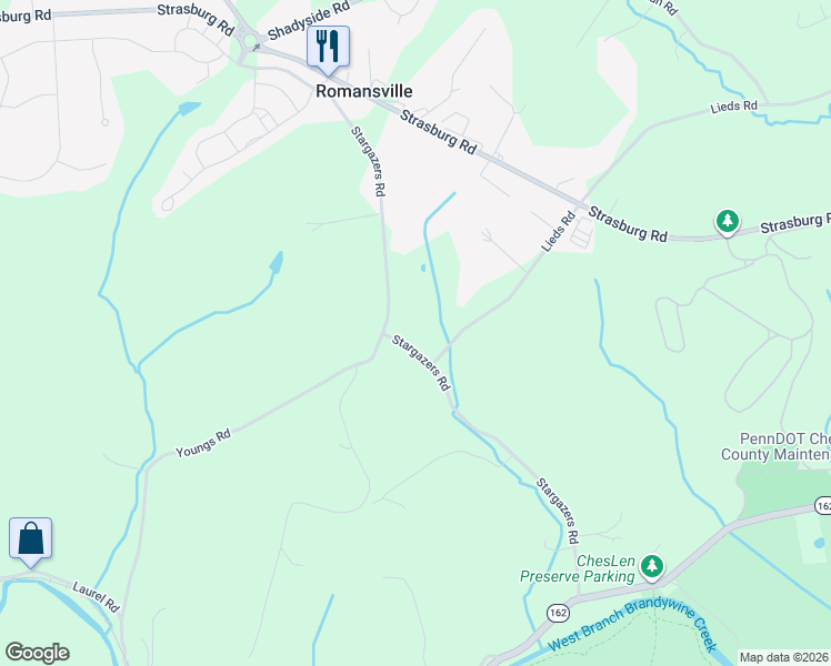 map of restaurants, bars, coffee shops, grocery stores, and more near 1009 Stargazers Road in Coatesville