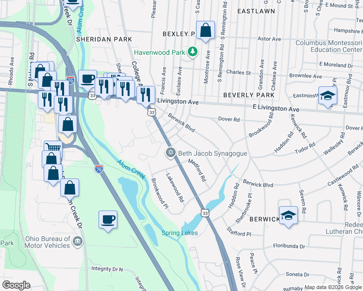 map of restaurants, bars, coffee shops, grocery stores, and more near 2355 Beverly Place in Columbus