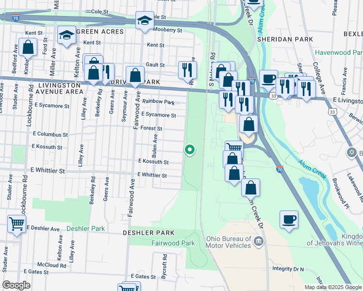 map of restaurants, bars, coffee shops, grocery stores, and more near 1753 East Frankfort Street in Columbus