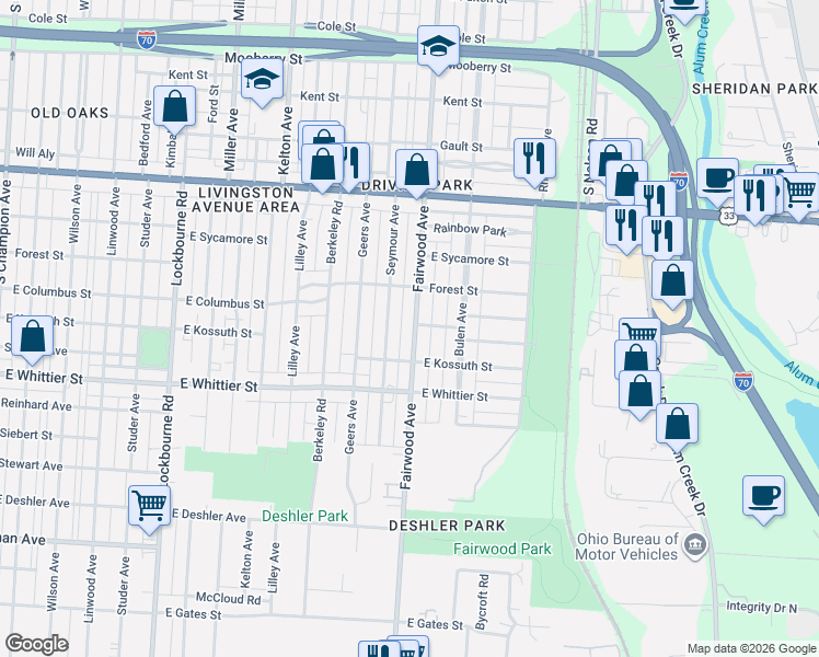 map of restaurants, bars, coffee shops, grocery stores, and more near 1073 Fairwood Avenue in Columbus