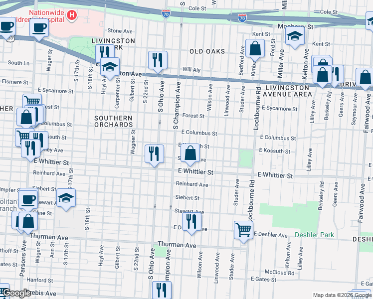 map of restaurants, bars, coffee shops, grocery stores, and more near 997 Oakwood Avenue in Columbus