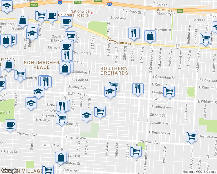 map of restaurants, bars, coffee shops, grocery stores, and more near 605 Stanley Avenue in Columbus
