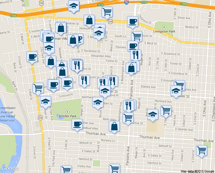 map of restaurants, bars, coffee shops, grocery stores, and more near 898 Beech Street in Columbus