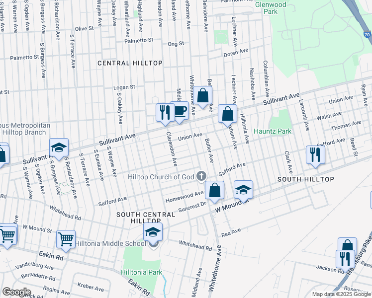 map of restaurants, bars, coffee shops, grocery stores, and more near 519 Whitethorne Avenue in Columbus