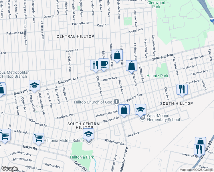 map of restaurants, bars, coffee shops, grocery stores, and more near 519 Whitethorne Avenue in Columbus