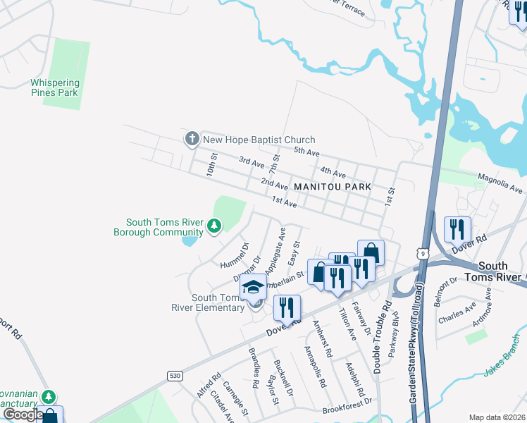 map of restaurants, bars, coffee shops, grocery stores, and more near 384 Applegate Avenue in Toms River