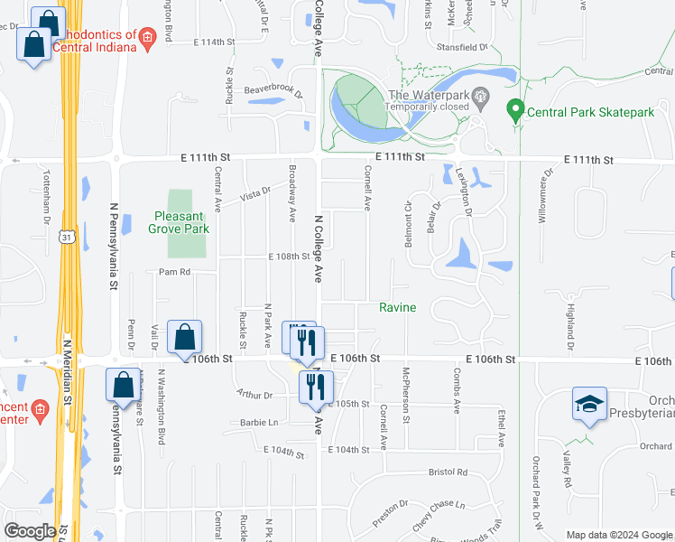 map of restaurants, bars, coffee shops, grocery stores, and more near 10822 Bellefontaine Street in Indianapolis