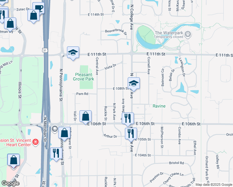 map of restaurants, bars, coffee shops, grocery stores, and more near 10749 North Park Avenue in Indianapolis