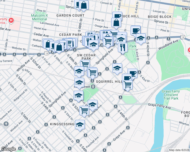 map of restaurants, bars, coffee shops, grocery stores, and more near 4823 Chester Avenue in Philadelphia