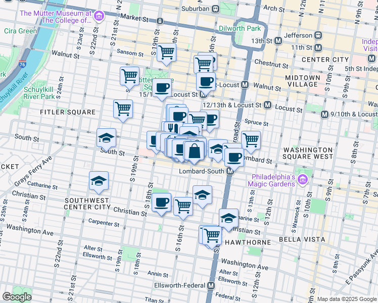 map of restaurants, bars, coffee shops, grocery stores, and more near 1600 Lombard Street in Philadelphia