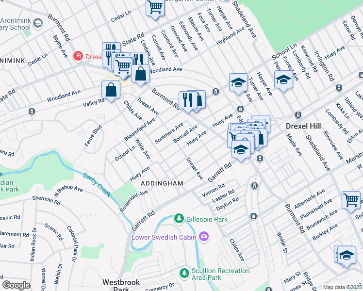 map of restaurants, bars, coffee shops, grocery stores, and more near 503 Drexel Avenue in Upper Darby