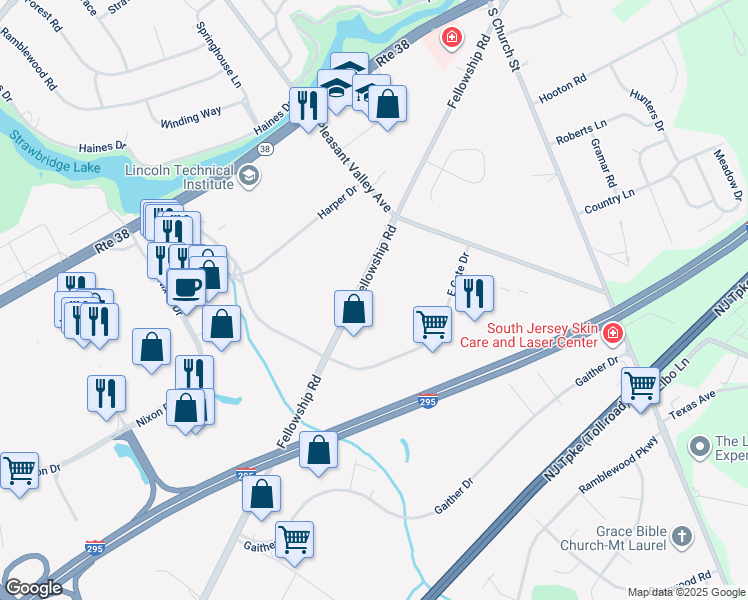 map of restaurants, bars, coffee shops, grocery stores, and more near 330 Fellowship Road in Mount Laurel