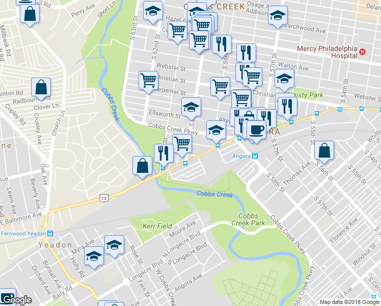 map of restaurants, bars, coffee shops, grocery stores, and more near 1151 South 60th Street in Philadelphia